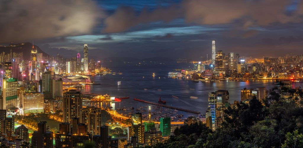Panorama Hong Kong Cityscape skyscraper at twilight time, Hong Kong central and Kowloon island